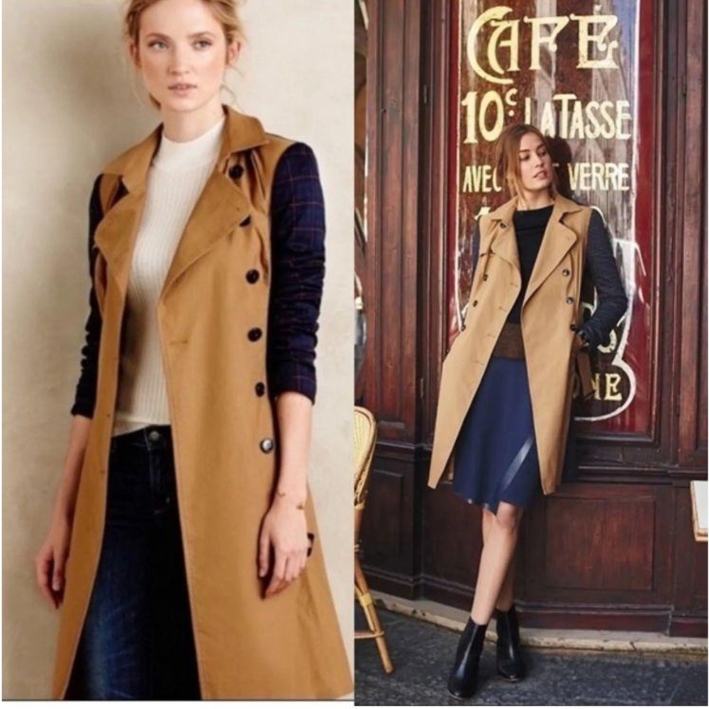 Anthropologie Harlyn Camel and Blue Plaid Trench Coat Size L